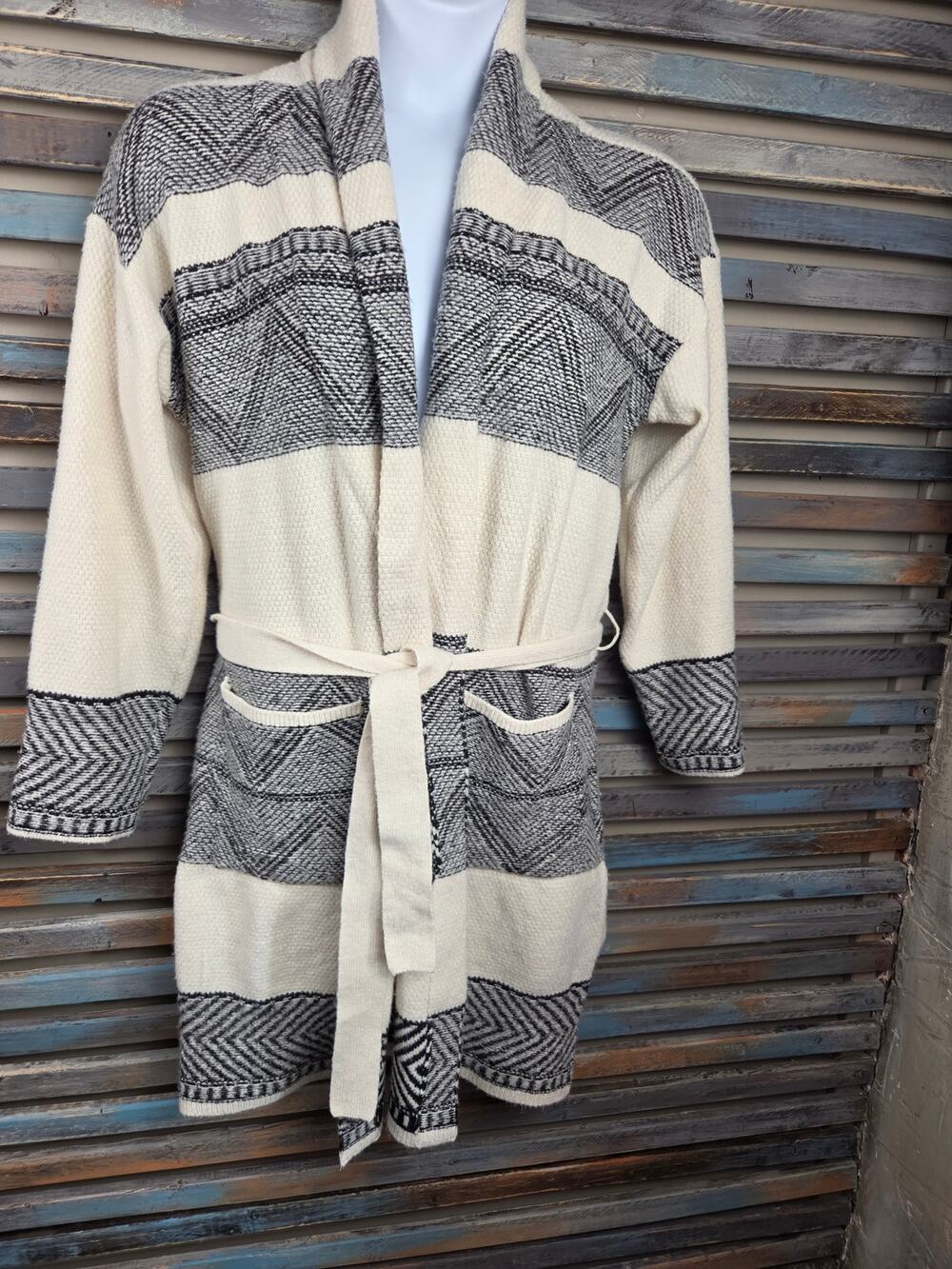 Pink Rose Women's S Belted Coatigan Cardigan Cream Black Geometric Boho Sweater